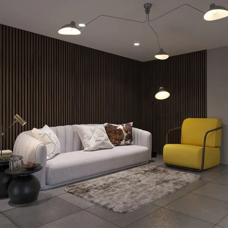 Smoked Oak Acoustic Wood Slat Wall Panel in living room interior DecorMania.eu