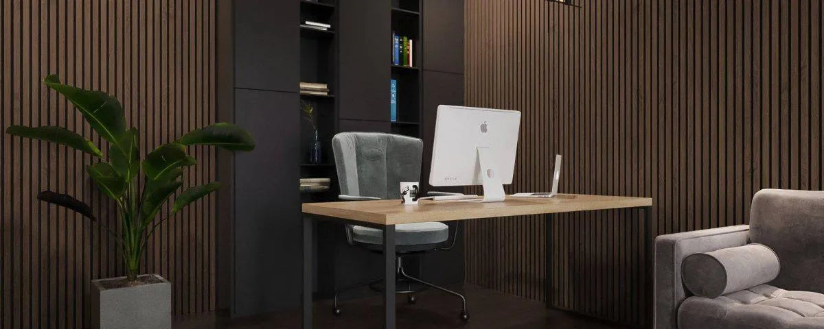 Smoked Oak Acoustic Wood Slat Wall Panel in office interior DecorMania.eu