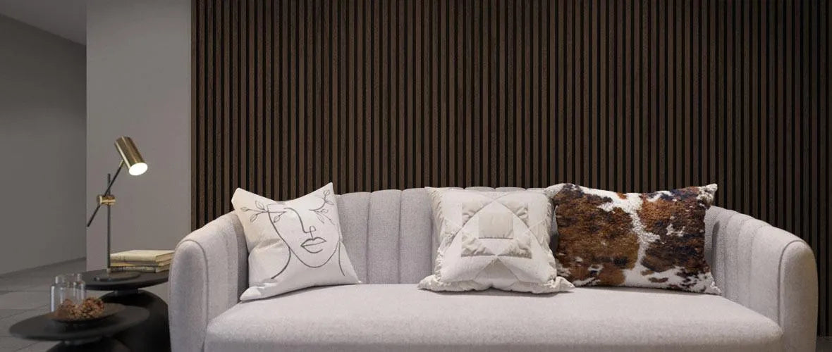 Smoked Oak Wood Slat Wall Panelling – 280x60 cm in living room interior DecorMania.eu