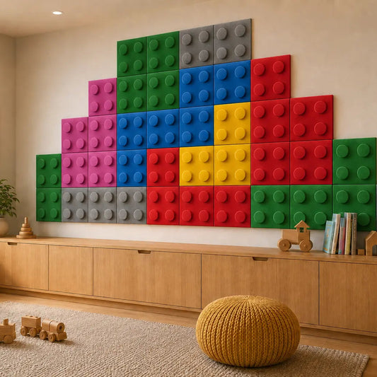 Multicoloured velour-covered foam wall panels with four circular studs, arranged above wooden storage in a modern playroom.