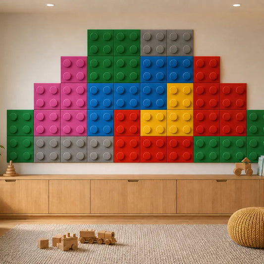 Colourful 25 × 25 cm polyurethane foam wall panels with a soft velour finish and four raised studs in a children’s playroom