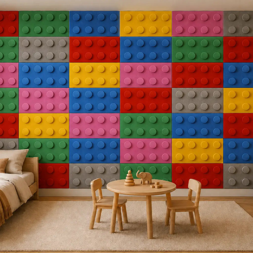 Colourful 25 × 50 cm polyurethane foam wall panels with a velour finish and eight raised studs in a child’s bedroom