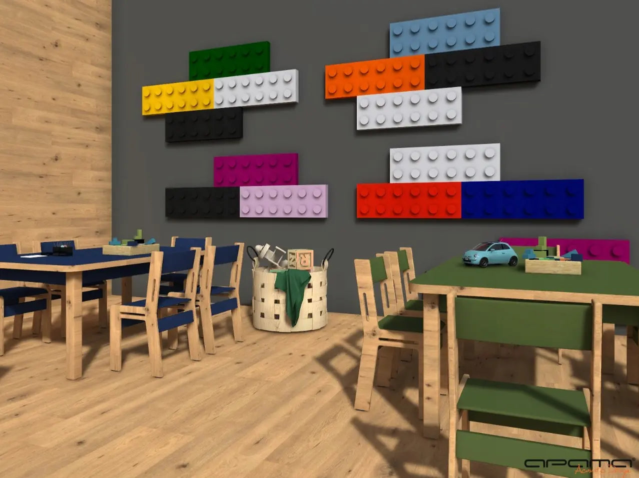 Soft Foam Wall Panels - BUILDING BLOCKS For Kids 25x75 on grey wall in preschool interior DecorMania EU