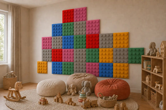 Multicoloured velour-covered foam wall panels arranged like building blocks above toys and soft seating in a children’s room
