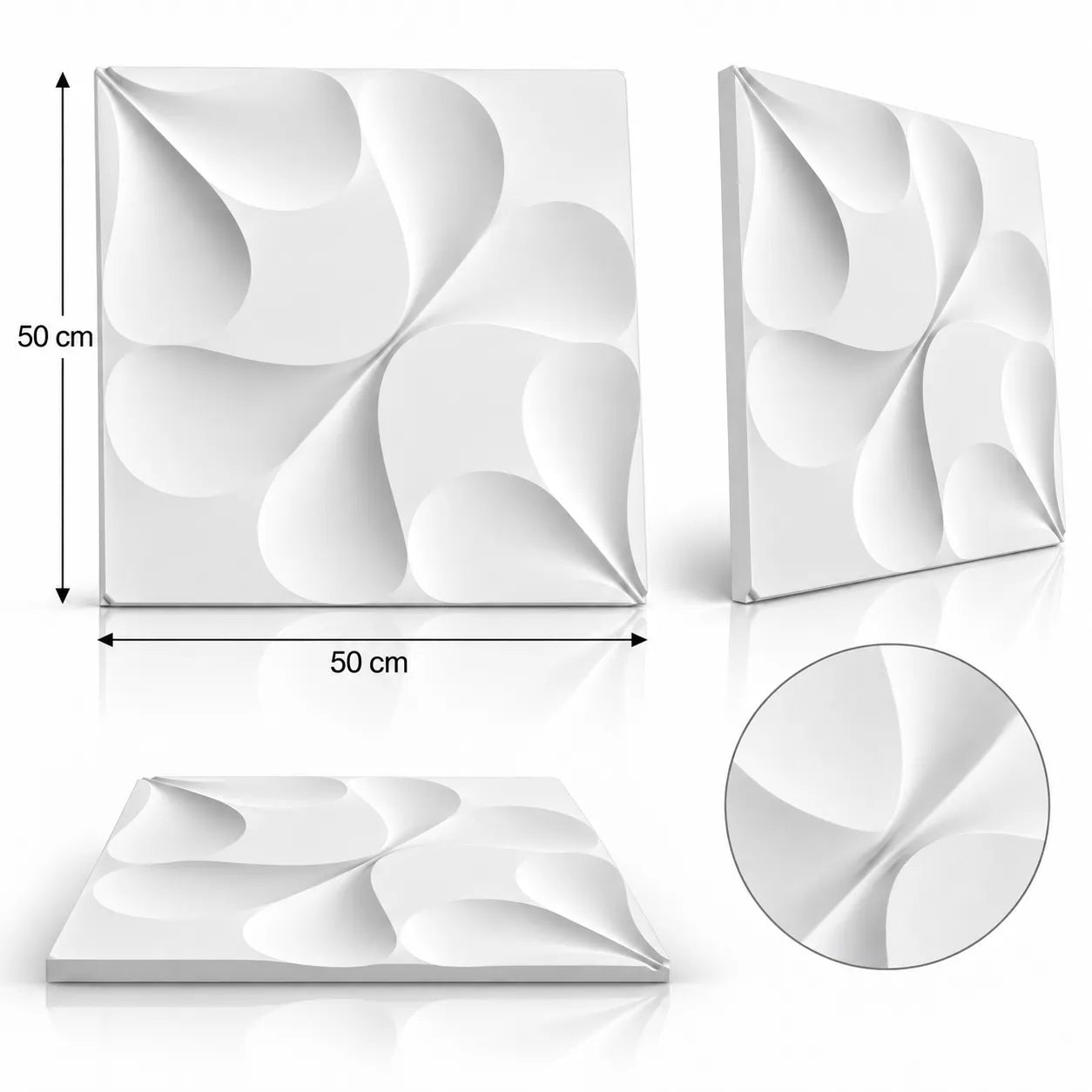 Gipsowy panel ścienny 3D Spades pokazany z kilku ujęć, z wymiarami 50 cm na 50 cm oraz zbliżeniem detalu reliefu.