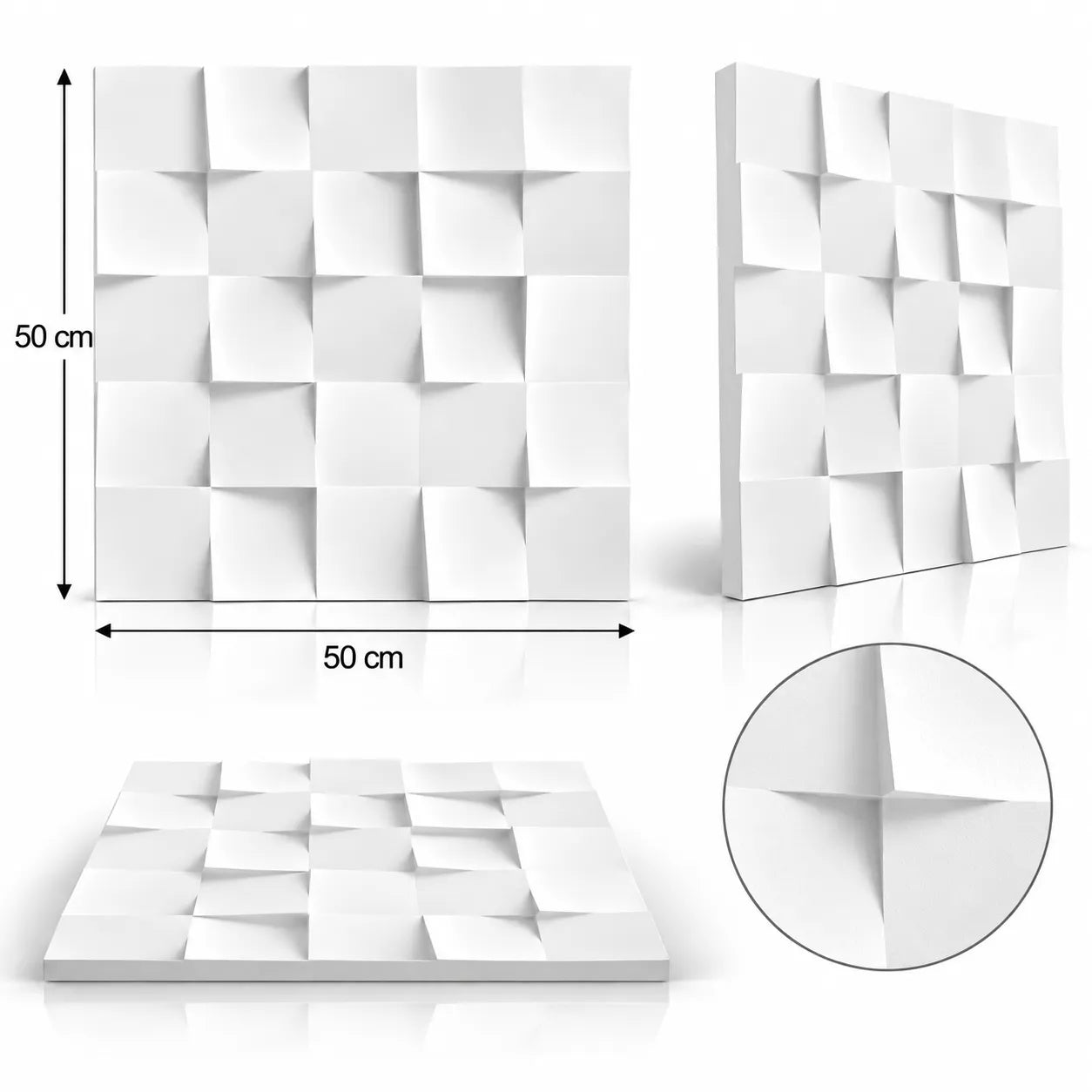 Square 3D-vægpanel i gips vist fra flere vinkler, med målene 50 cm x 50 cm og en nærdetalje af relieffet