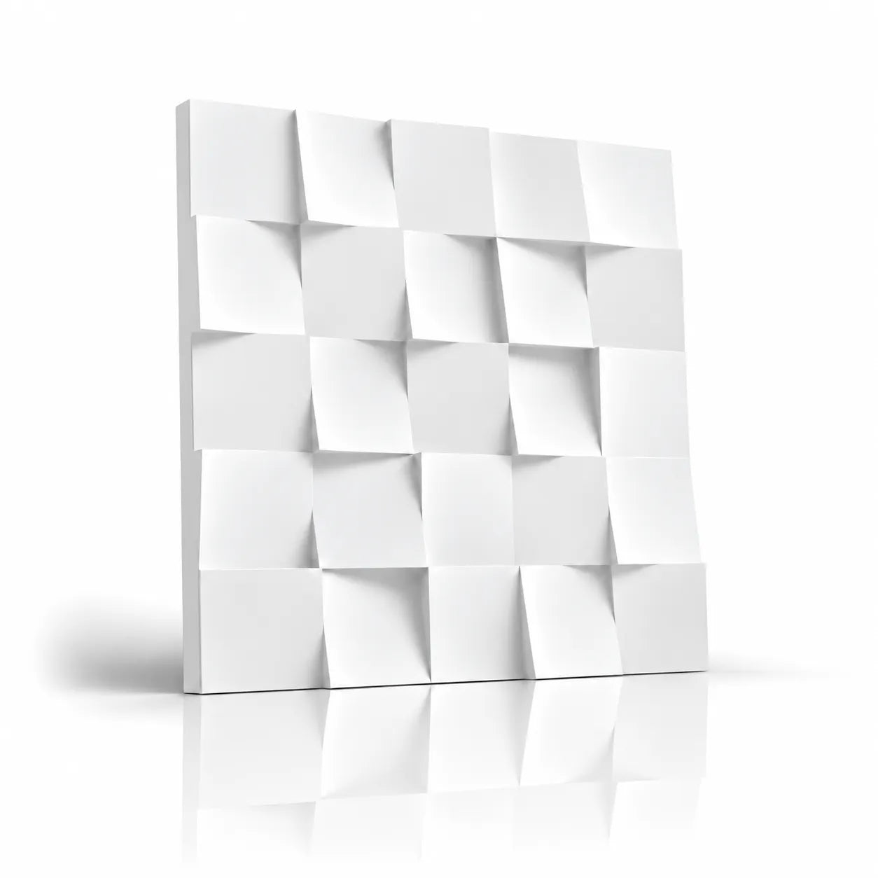 Hvid Square 3D-vægpanel i gips med geometrisk relief, blød skygge og spejlrefleksion på en hvid baggrund