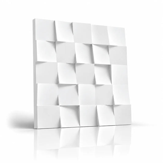Panneau mural 3D en plâtre blanc Square avec relief géométrique, ombre douce et reflet miroir sur fond blanc