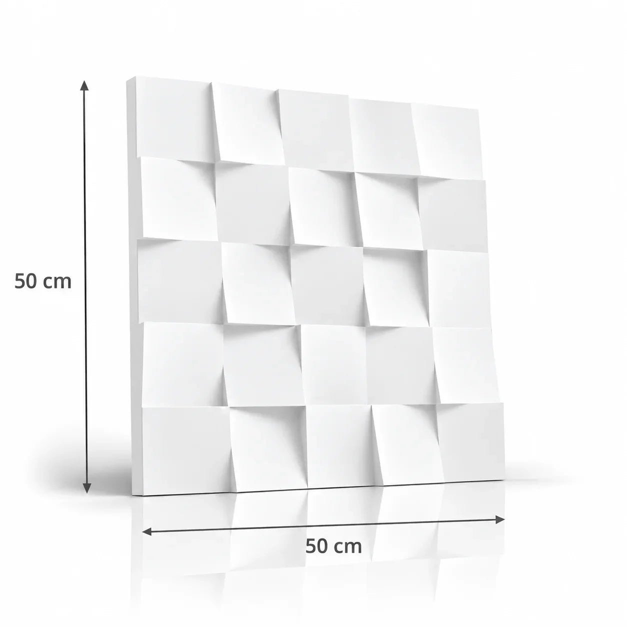 Hvidt Square 3D-vægpanel i gips med pile, der viser 50 cm højde og 50 cm bredde