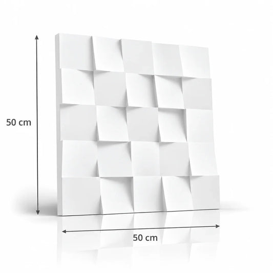 Panneau mural 3D en plâtre blanc Square avec des flèches indiquant 50 cm de hauteur et 50 cm de largeur