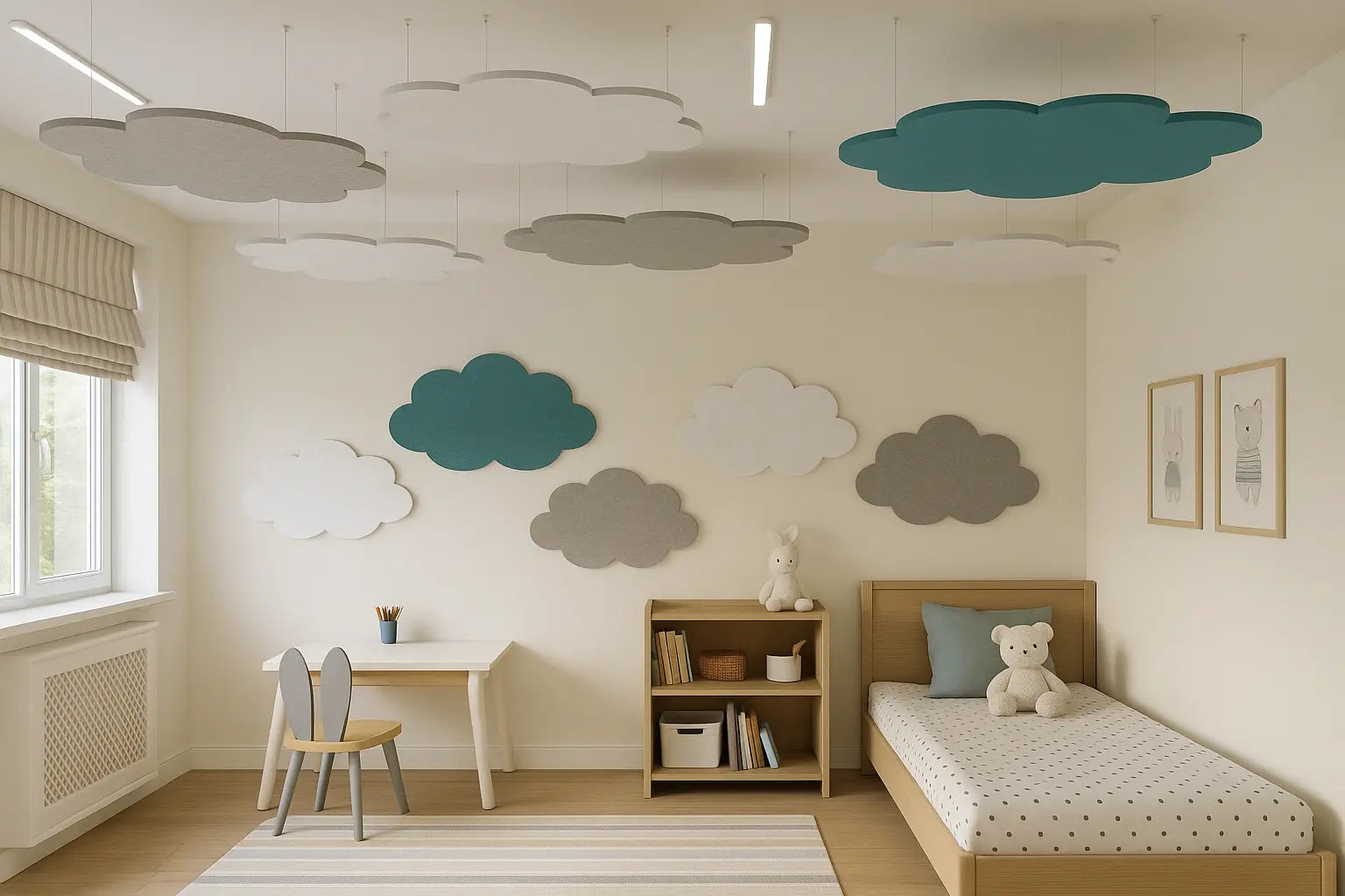 Suspended Ceiling Panels - Acoustic Felt CLOUD L in cozy bedroom interior Decormania EU