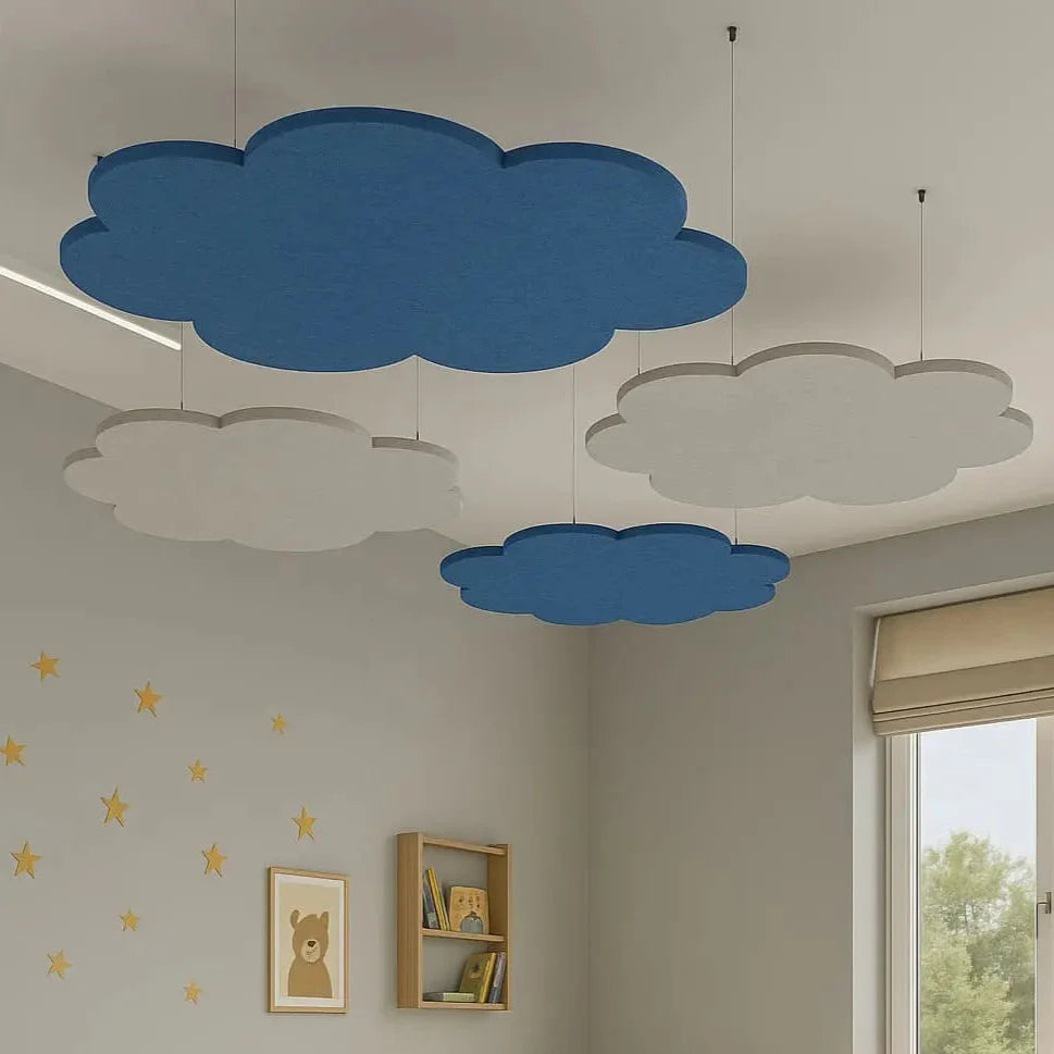 Suspended Ceiling Panels - Acoustic Felt CLOUD L in white bedroom interior closeup Decormania EU