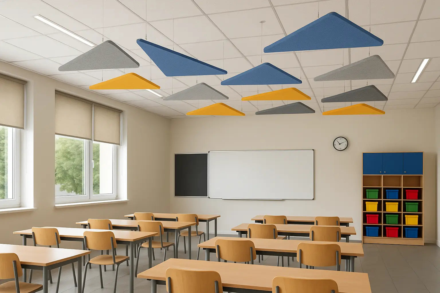 Suspended Ceiling Panels - Acoustic Felt TRIANGLE in classroom interior Decormania EU