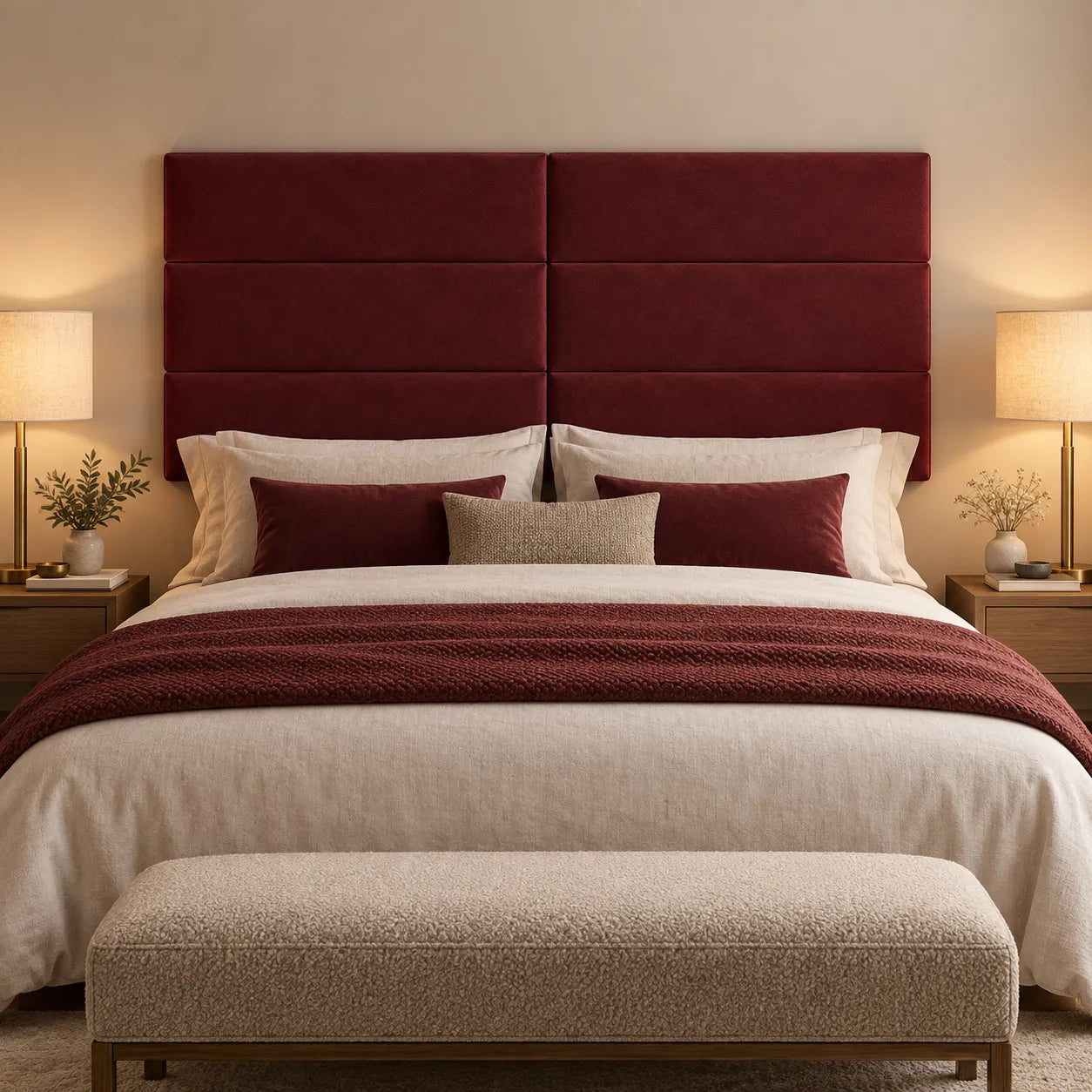 Burgundy bespoke upholstered wall panels used as a padded bedroom headboard