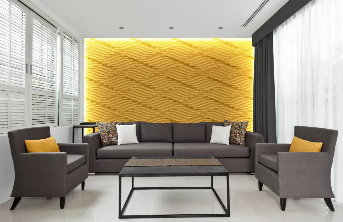 THE WIND Polystyrene Wall Art – 3D Decorative Panels as yellow accent wall in living room interior DecorMania.eu
