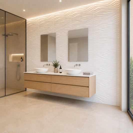 Modern bathroom with white THE WIND 3D polystyrene wall panels and a floating oak double vanity