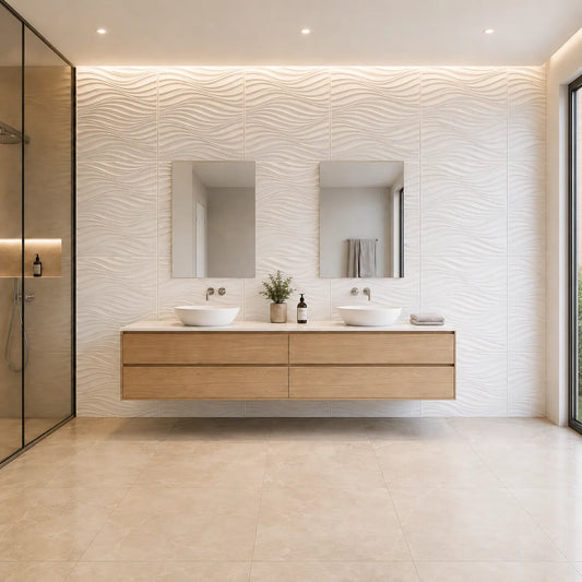 Front view of a modern bathroom featuring white wave-textured 3D polystyrene wall panels