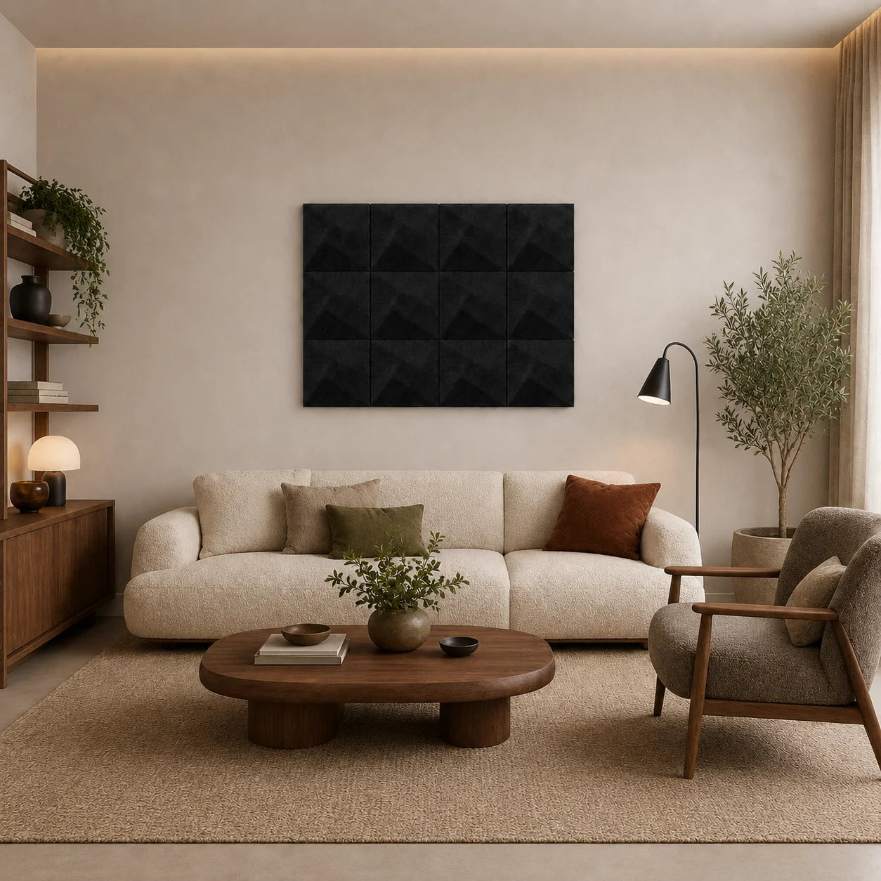 Black square 3D acoustic felt panels arranged in a regular grid above a cream sofa in a modern living room