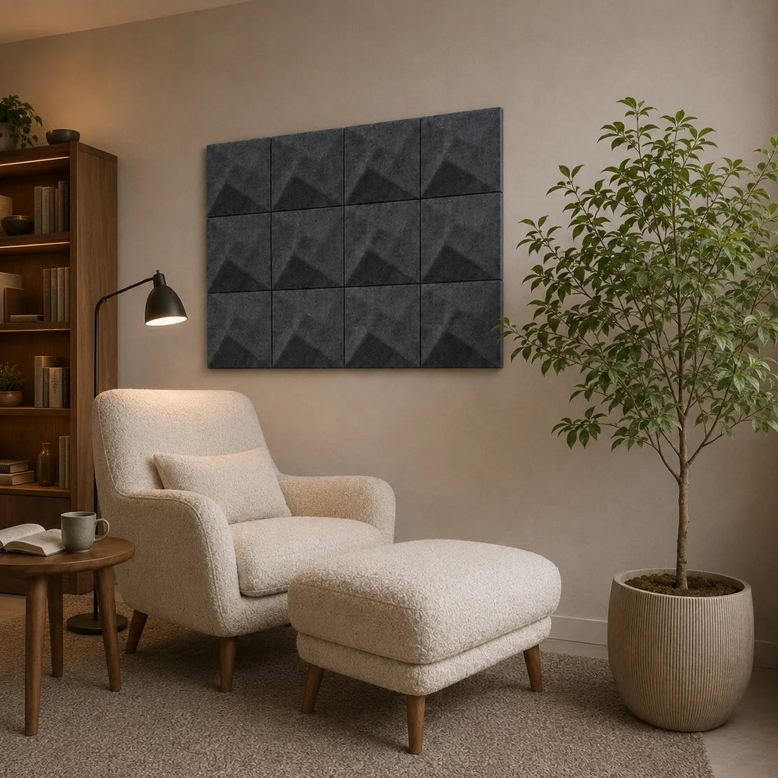 Angled view of grey TWIST acoustic panels in a cosy reading corner with natural wood and neutral furnishings