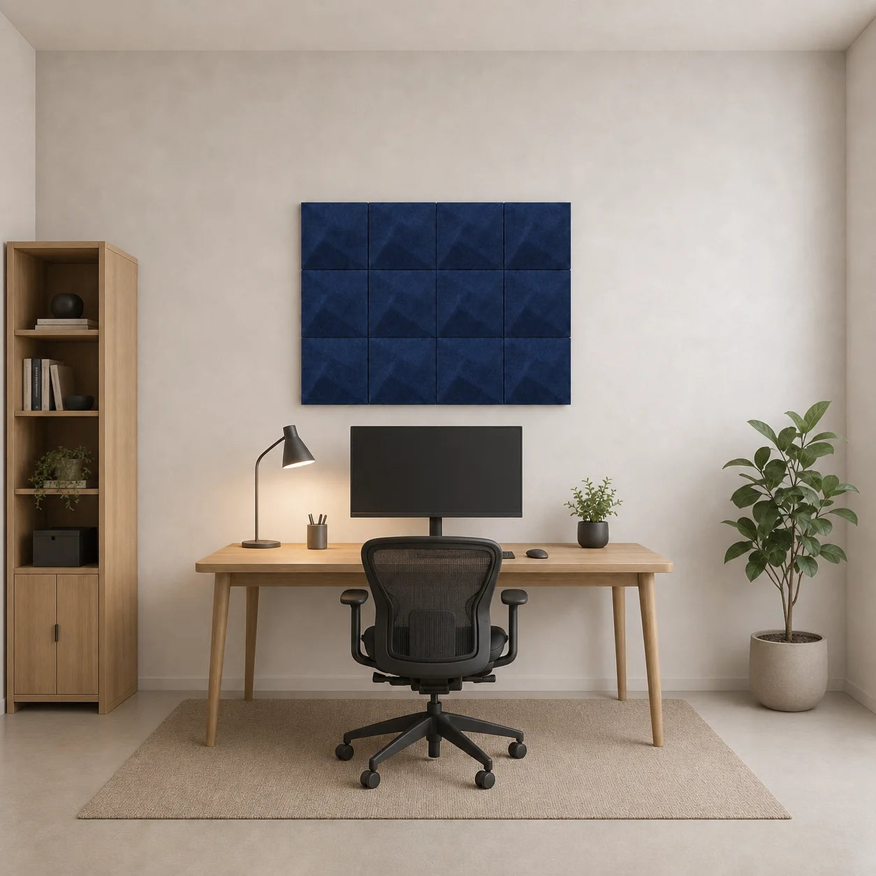 Navy square 3D felt acoustic panels arranged in a regular grid above a modern home office desk