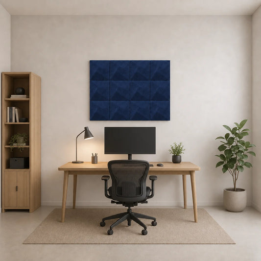 Navy square 3D felt acoustic panels arranged in a regular grid above a modern home office desk