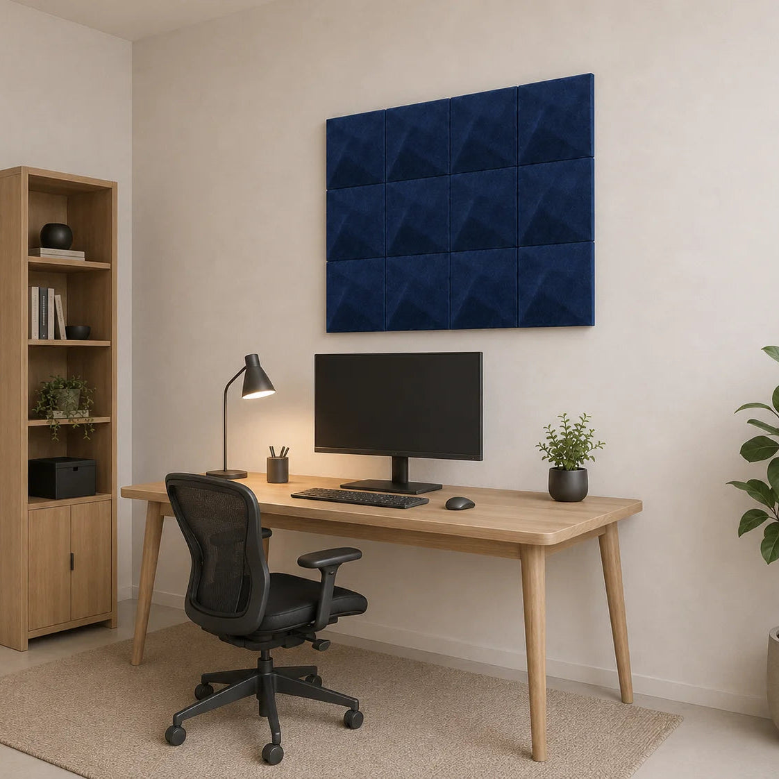 Angled view of navy square Twist acoustic panels in a bright home office with wooden furniture and plants
