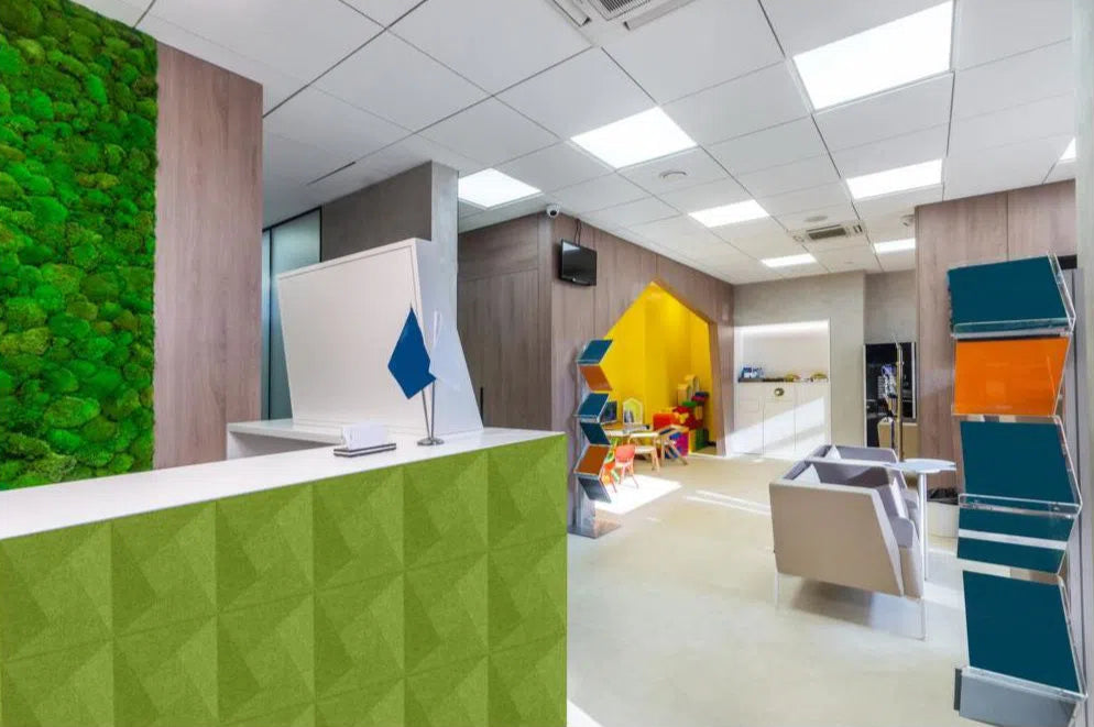 TWIST 3D Acoustic Felt Wall Panels OLIVE in colourful reception interior DecorMania.eu