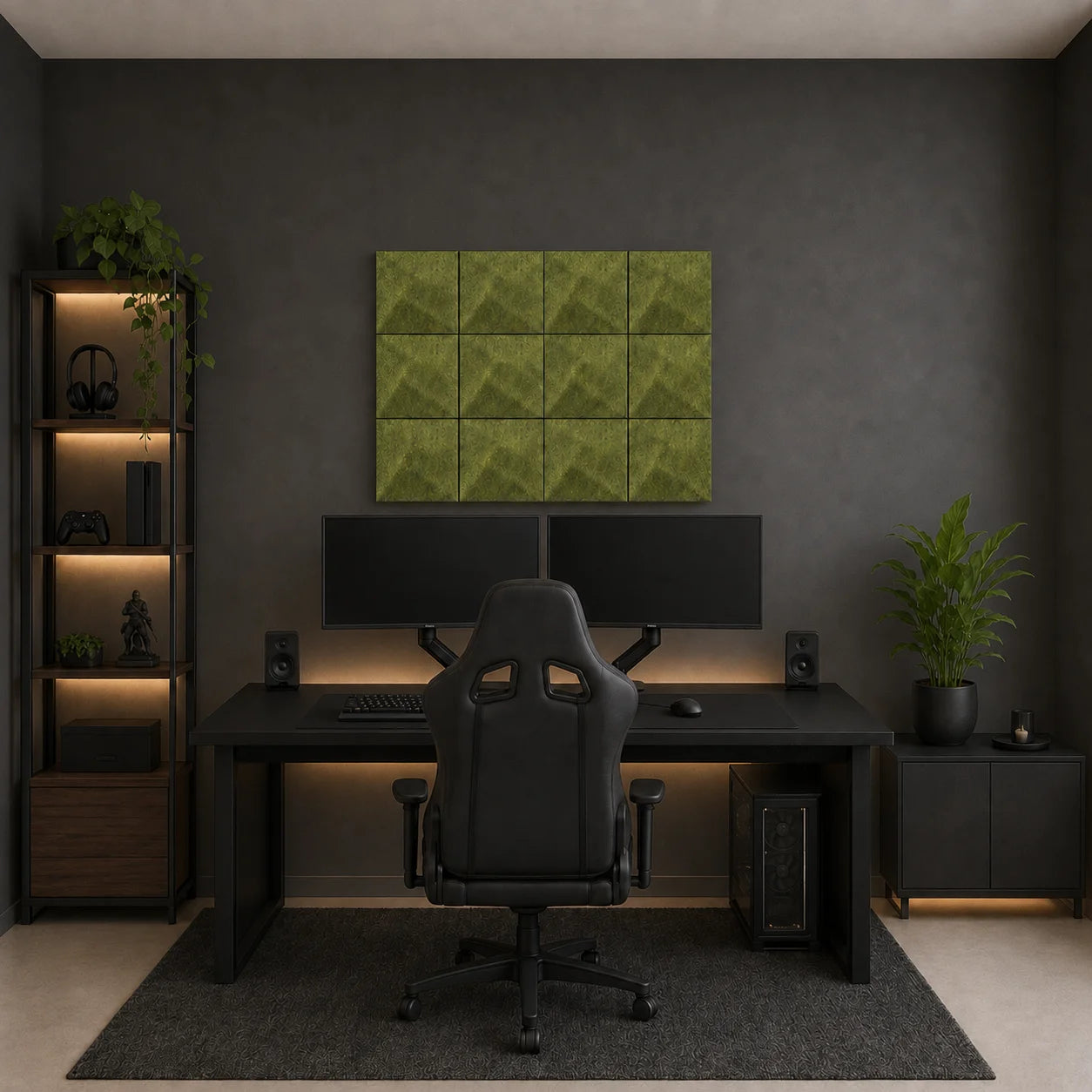 Olive square 3D acoustic panels arranged above a dual-monitor gaming desk in a dark modern gaming room