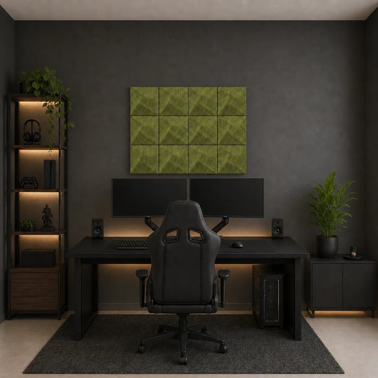 Olive square 3D acoustic panels arranged above a dual-monitor gaming desk in a dark modern gaming room