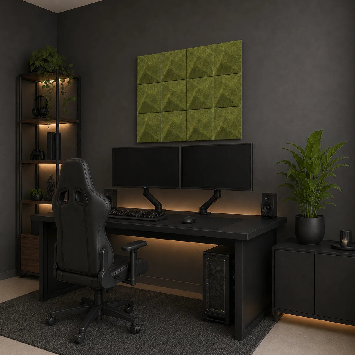 Angled view of olive TWIST acoustic panels in a dark gaming setup with warm ambient lighting