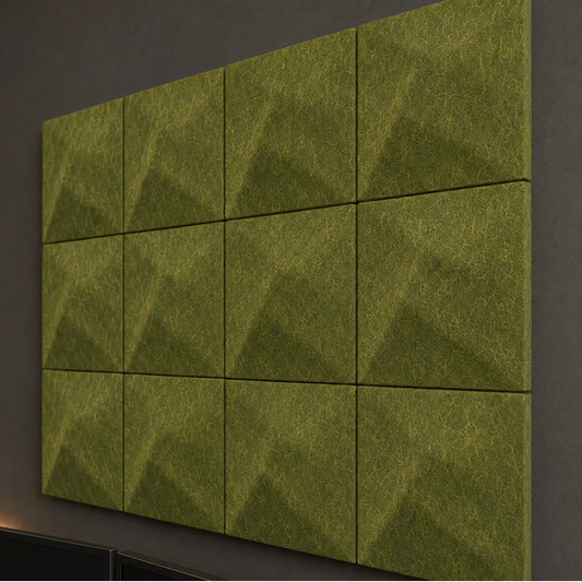 Close-up of olive 3D acoustic felt panels showing their raised TWIST pattern, even joints and textured surface