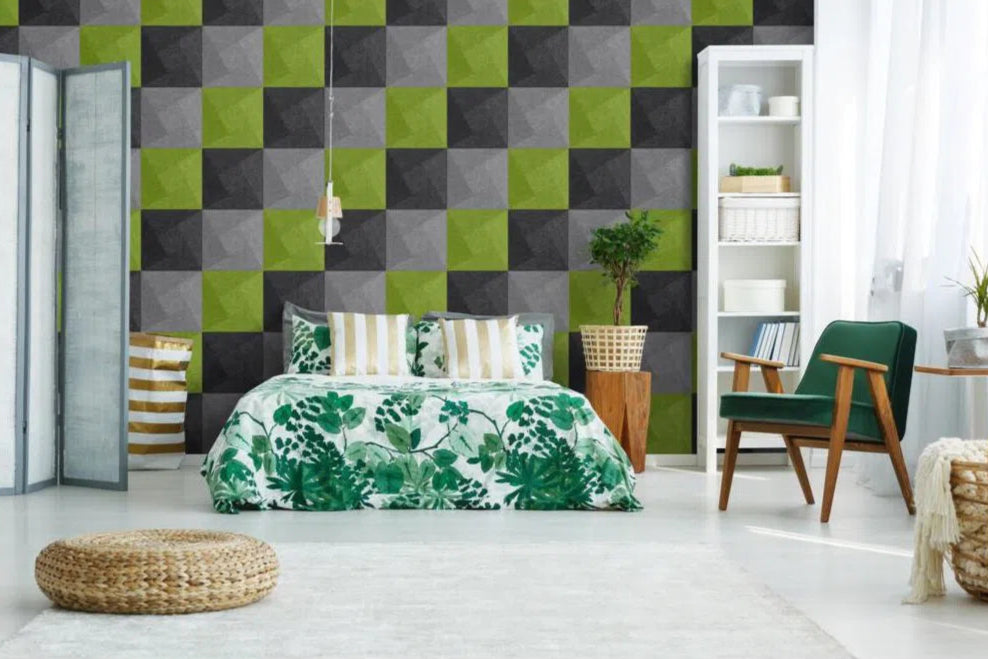 TWIST Acoustic 3D Felt Wall Panels BLACK in bedroom interior DecorMania.eu