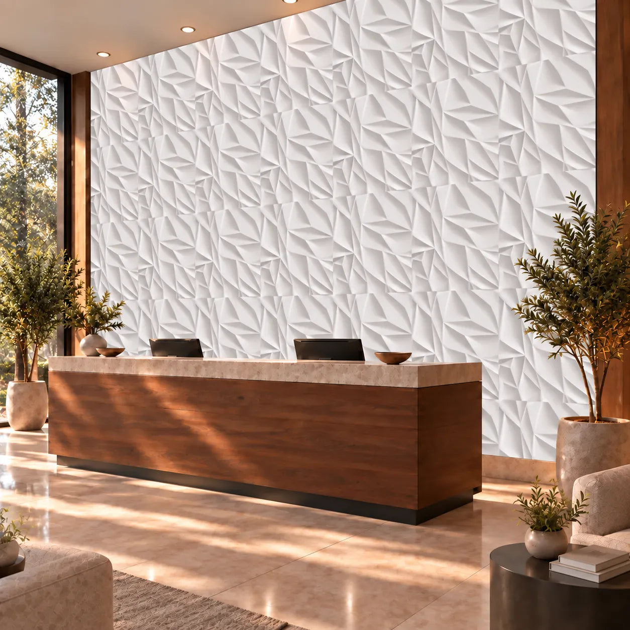 Thornwood dekorative 3D-vægpaneler i gips i et moderne receptionsinteriør med geometrisk teksturdesign