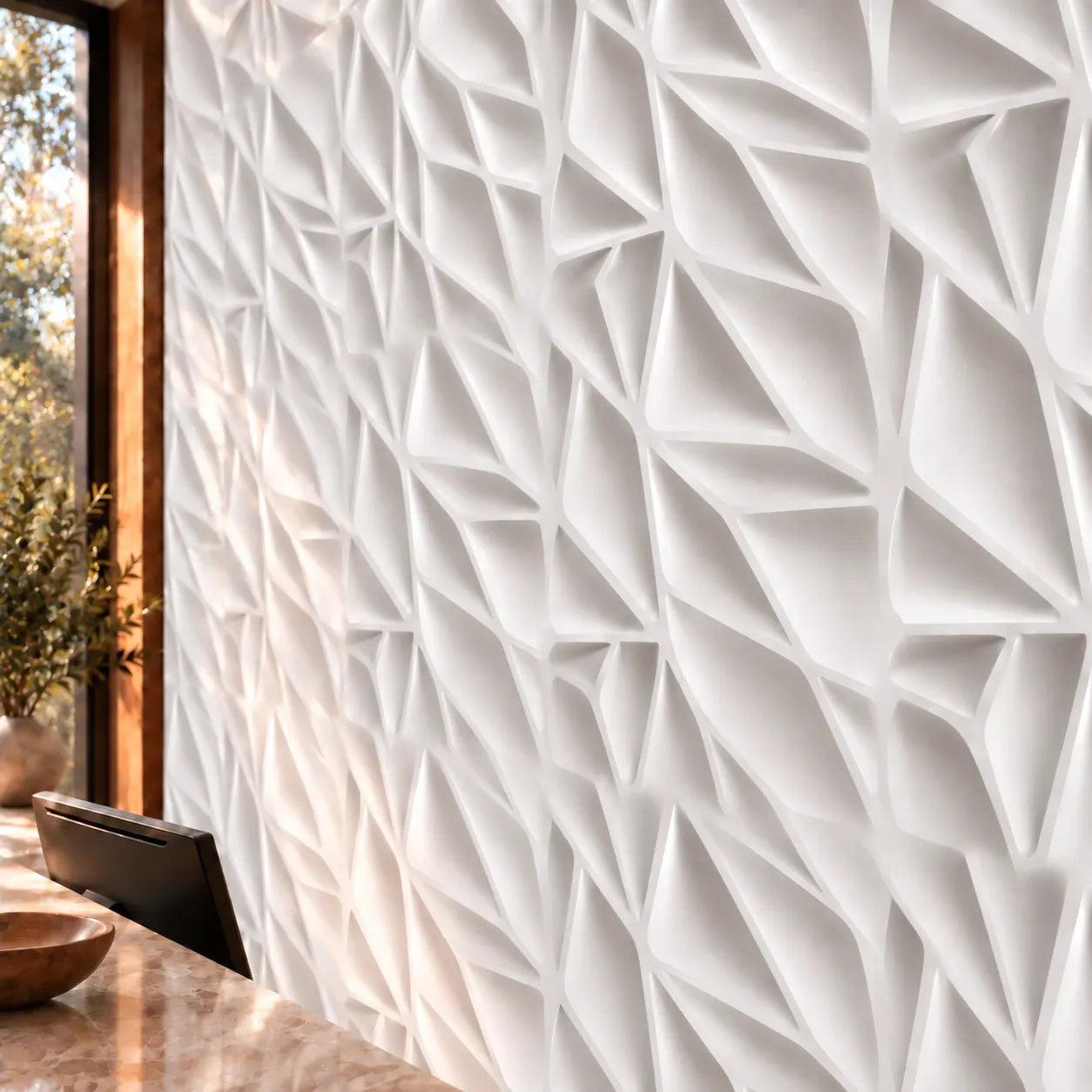 Nærbillede af Thornwood dekorative gips-vægpaneler, der viser geometrisk 3D-tekstur og relief