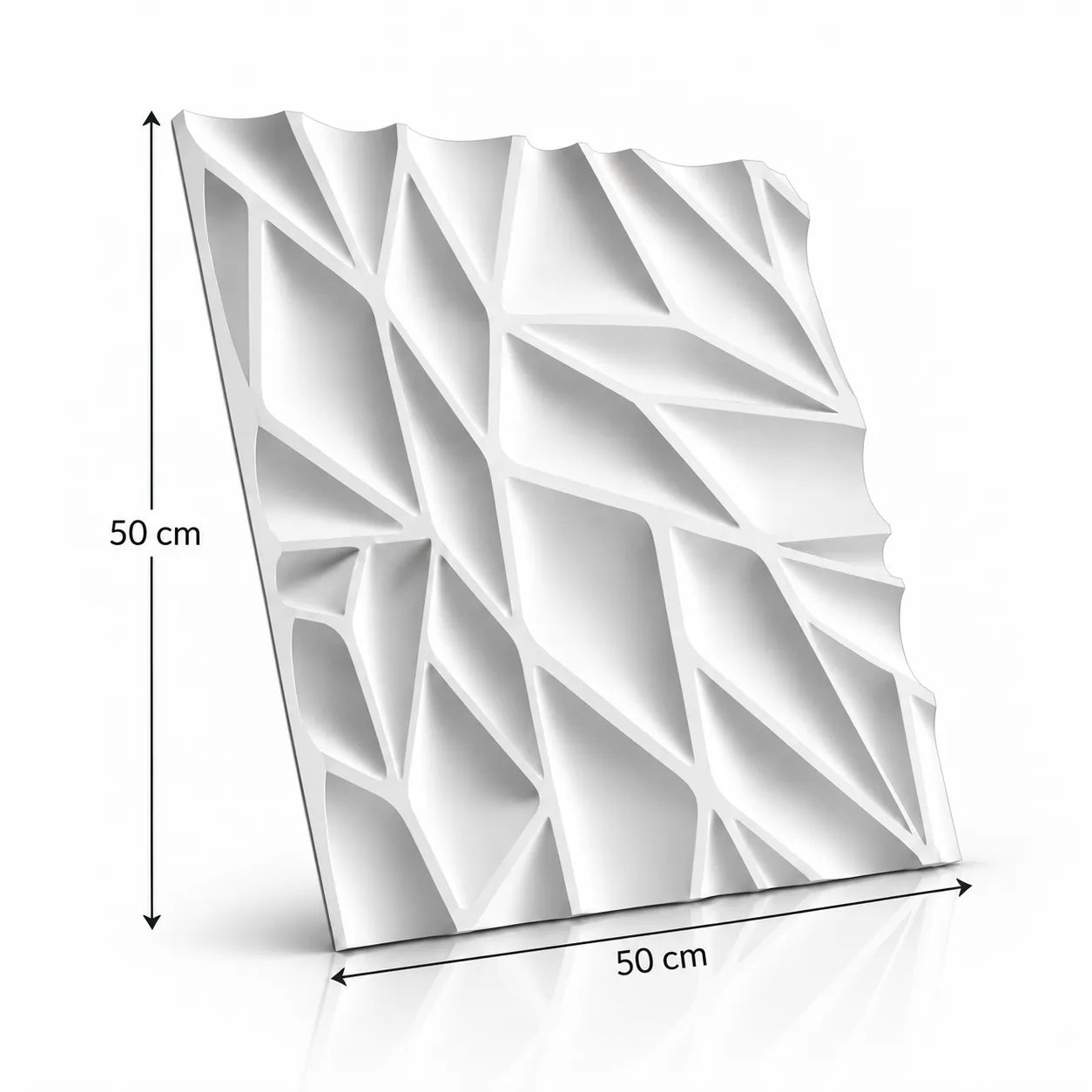 Thornwood 3D-vægpanel i gips 50 cm x 50 cm med viste produktmål