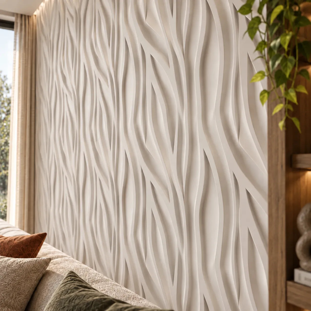 Nærbillede af Tree gips 3D-vægpaneler, der viser et skulpturelt greninspireret relief og detaljeret tekstur