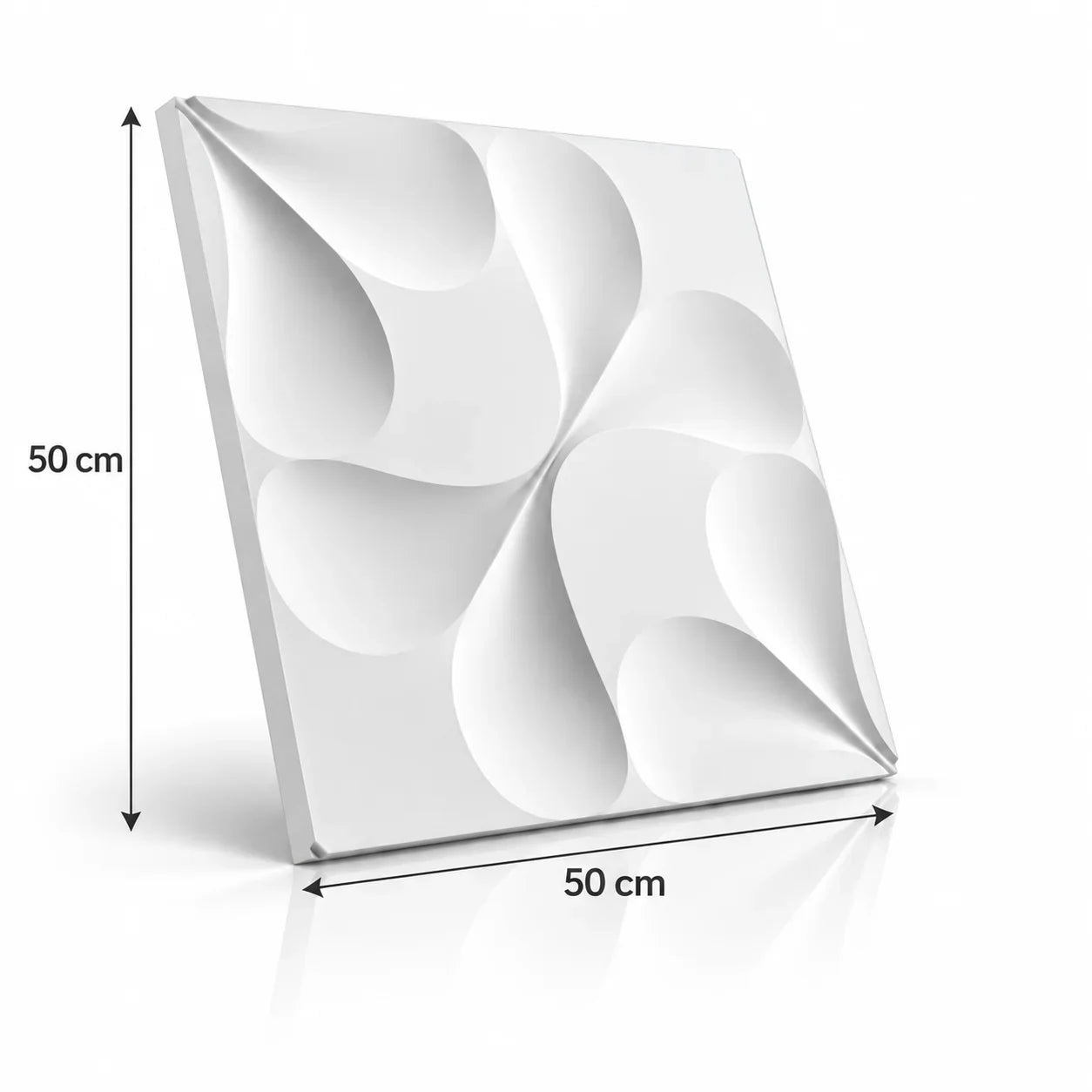 Biały gipsowy panel ścienny 3D Tree o wymiarach 50 cm szerokości i 50 cm wysokości, przedstawiony ze strzałkami wymiarowymi