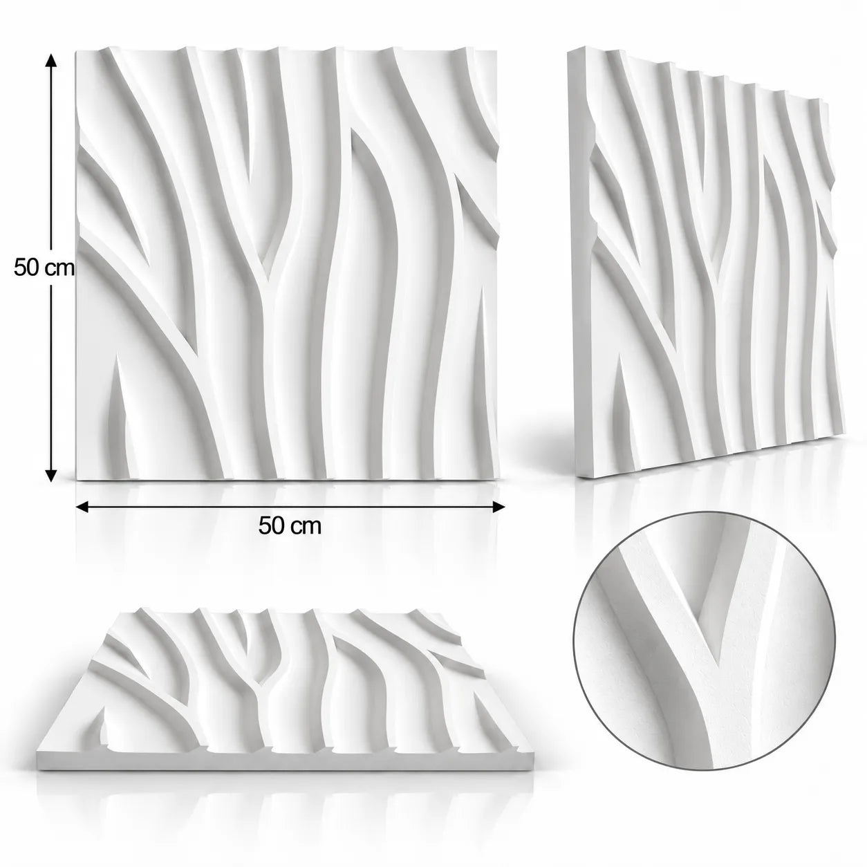Tree 3D-gipsvægpanel vist fra flere vinkler, med målene 50 cm x 50 cm og en nærdetalje af relieffet