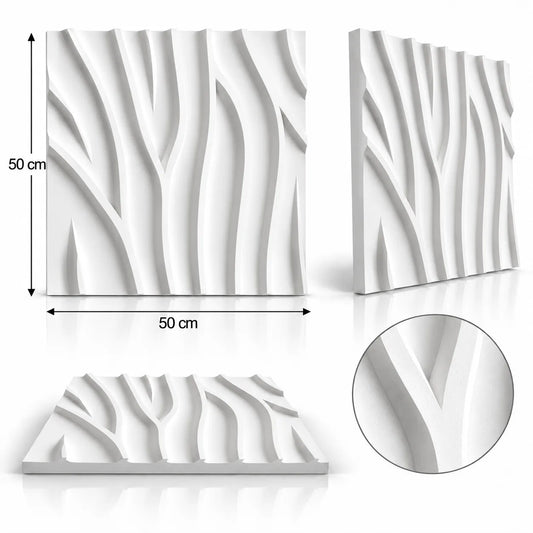 Tree 3D-gipsen wandpaneel getoond vanuit verschillende hoeken, met afmetingen van 50 cm bij 50 cm en een close-updetail van het reliëf