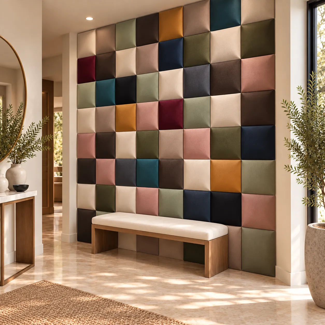 Multicolour upholstered padded wall panels in modern interior