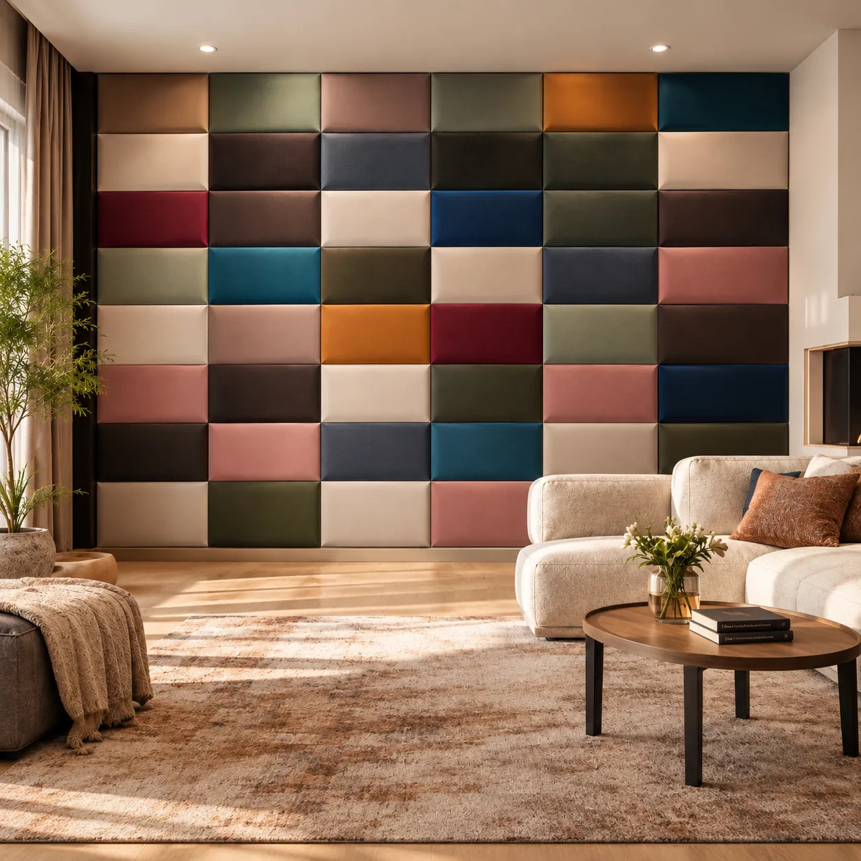 Front view of multicolour upholstered wall panel feature wall
