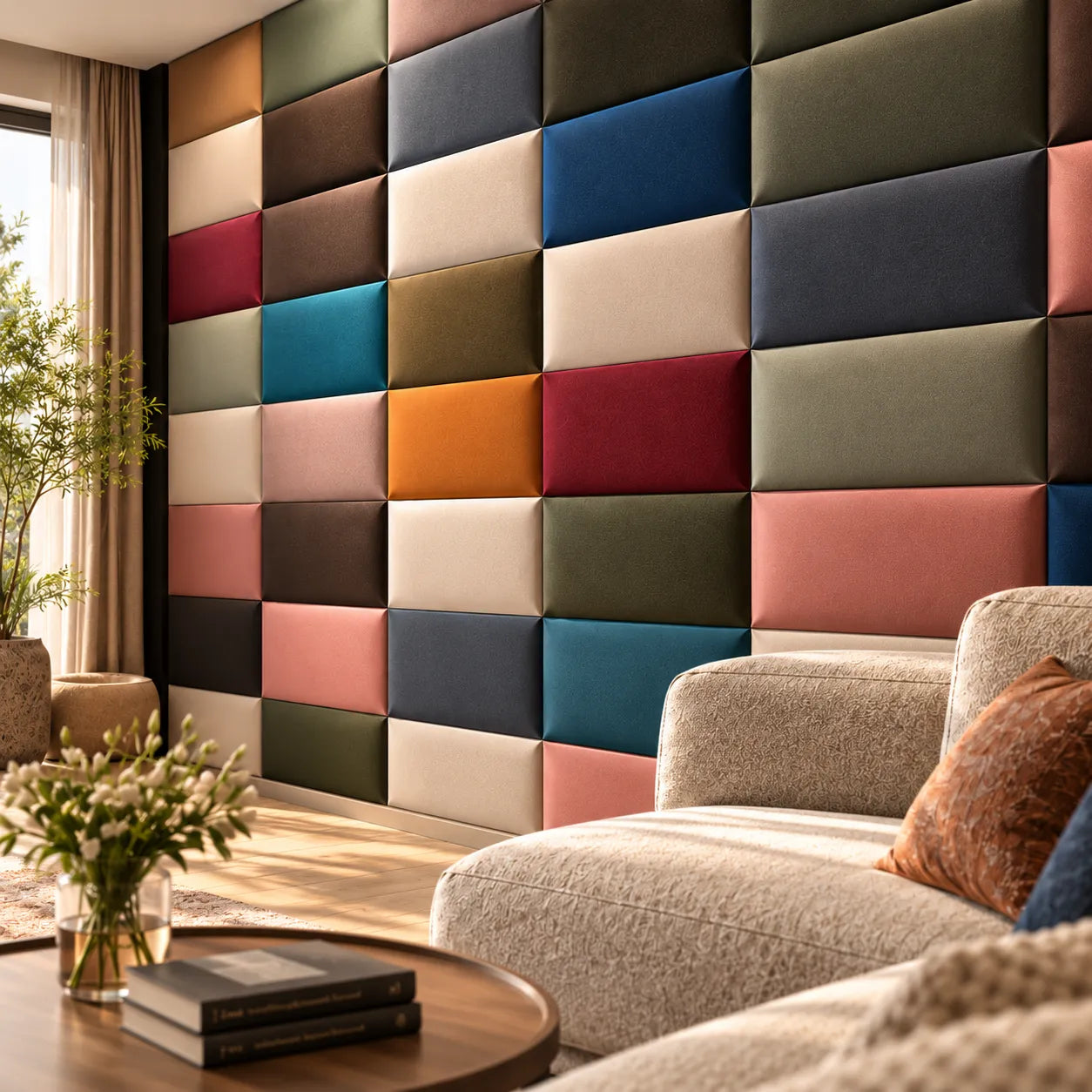 Close-up of 60 x 30 cm upholstered padded wall panels in living room