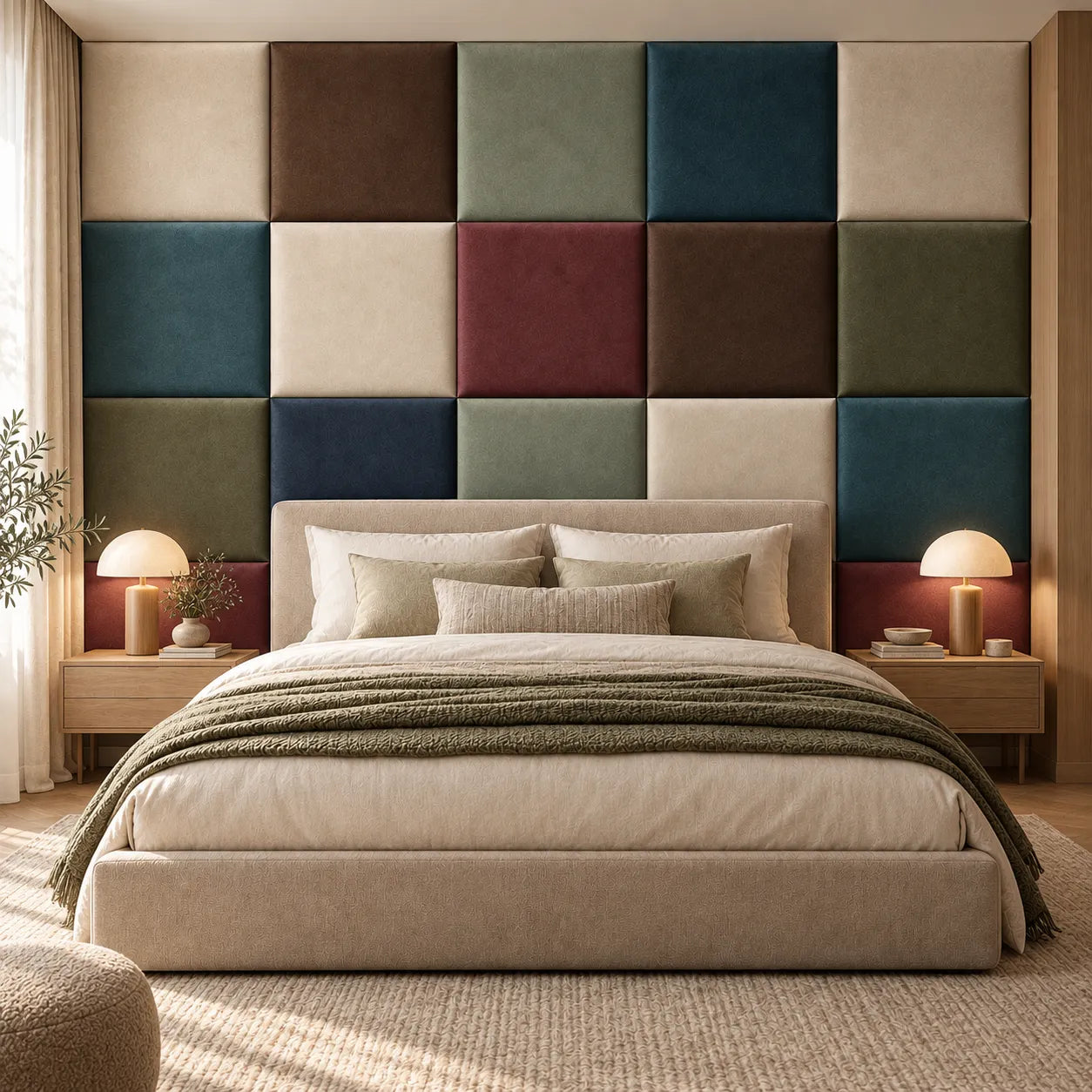 Front view of bedroom with upholdstered panels