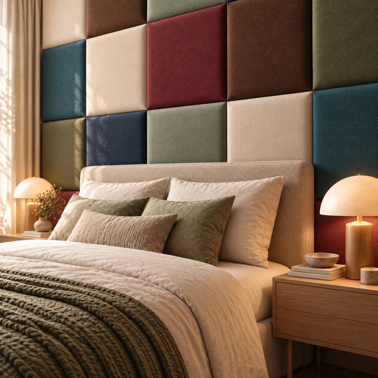 Close up view of bedroom with upholdstered panels