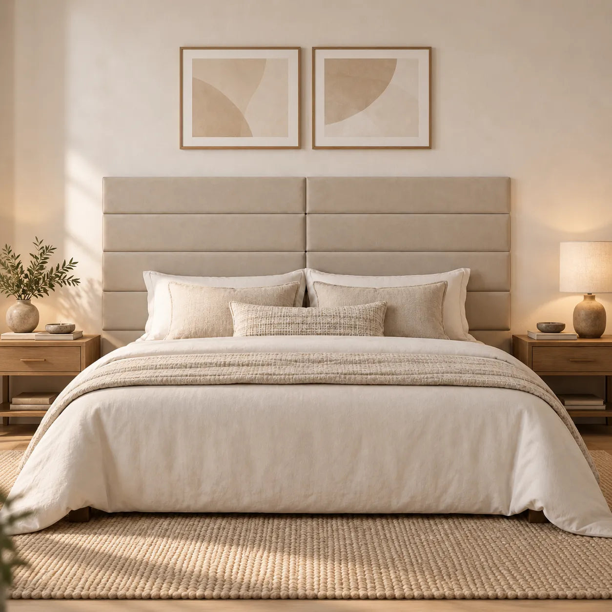 Front view of bedroom with upholstered panels as headboard