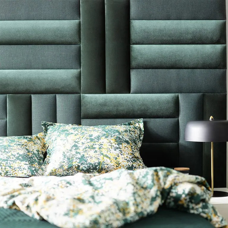 Upholstered Cushioned Wall Panels 60x15 cm green composition in living room interior DecorMania.eu