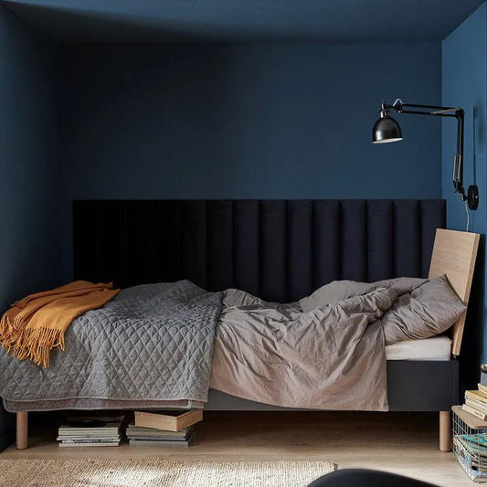 Upholstered Wall Panels 60x15 cm in blue bedroom interior DecorMania.eu