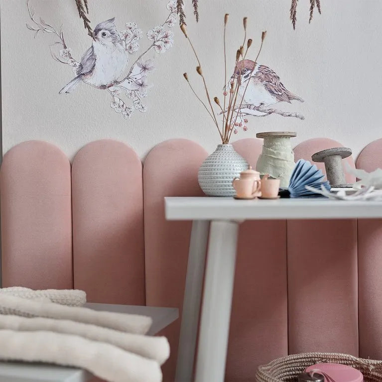 Upholstered Wall Panels Oval 60x15 cm set of pink panels on white wall DecorMania.eu