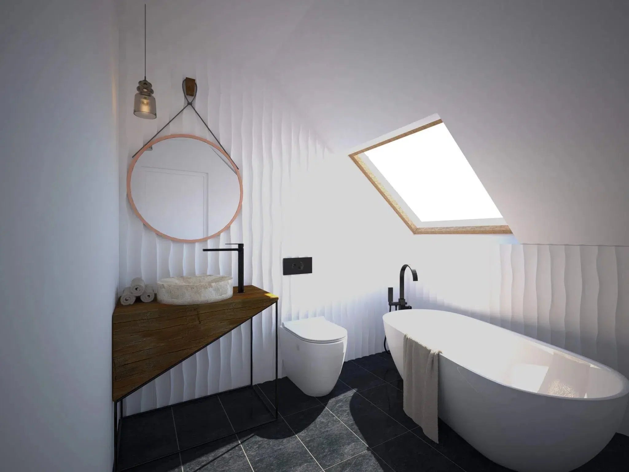 WAVES Polystyrene Wall Art – 3D Decorative Panels in white and grey colour bathroom interior DecorMania.eu