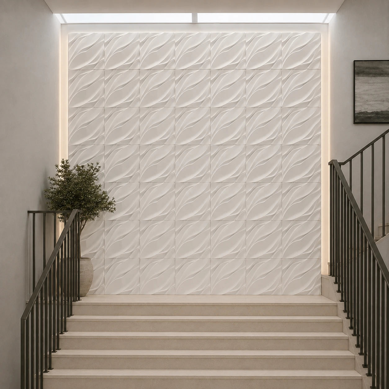 Front view of a staircase with a large feature wall finished in white WAVES gypsum 3D panels